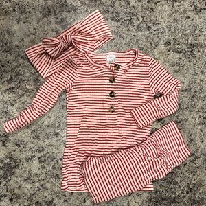 Red and White Striped Lou Lou & Company Top and Bottom set with headband 3-6 mos